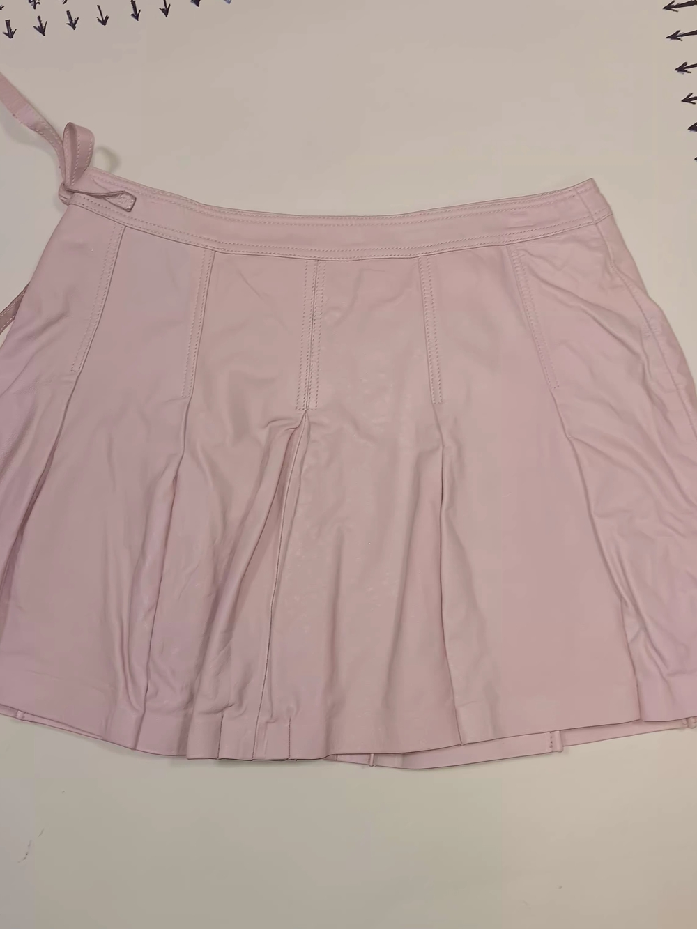 Soft Light Pink Pleated Leather Skater Skirt with Side Tie - Picture 5 of 5